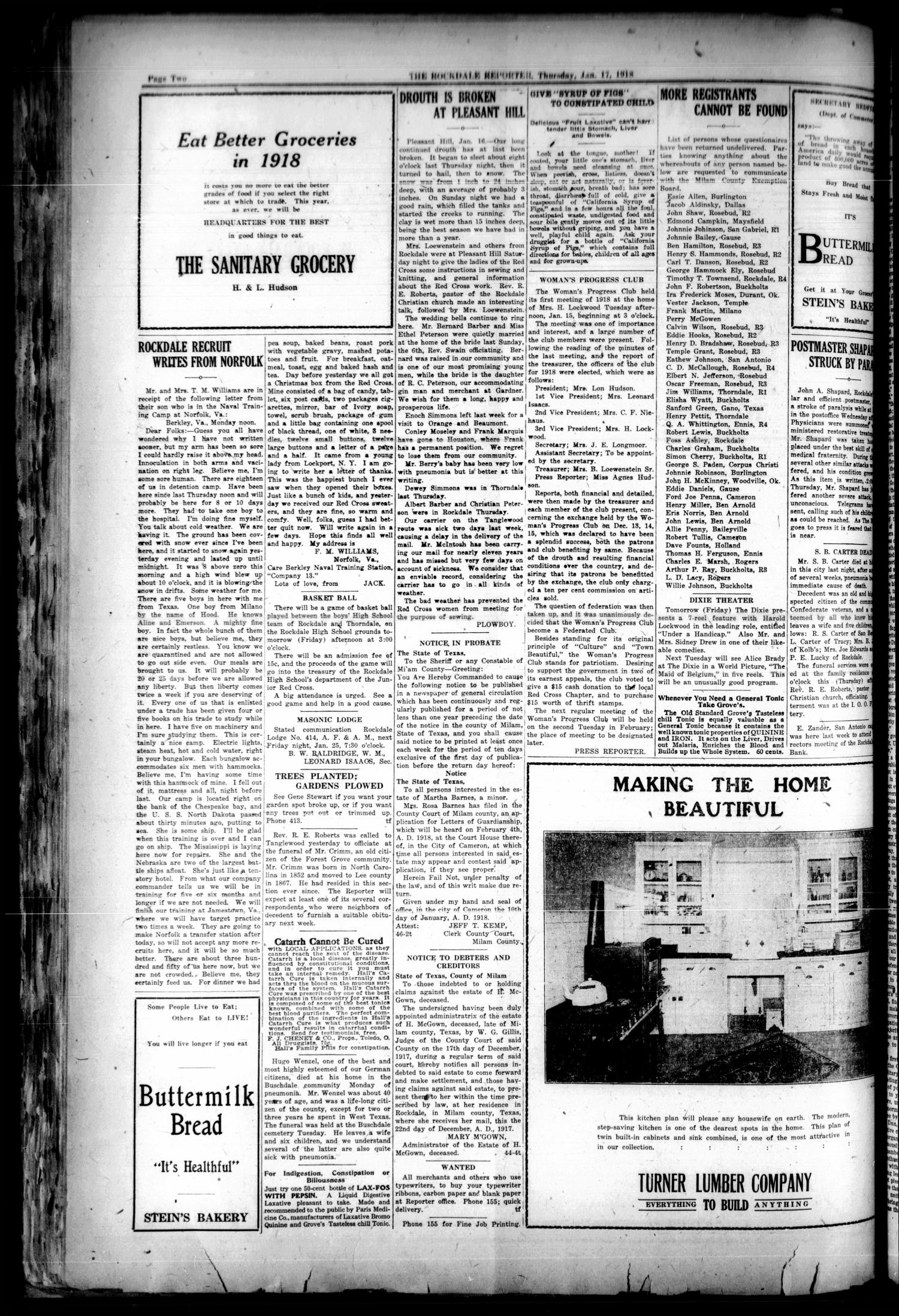 The Rockdale Reporter and Messenger (Rockdale, Tex.), Vol. [45], No. 46, Ed. 1 Thursday, January 17, 1918
                                                
                                                    [Sequence #]: 2 of 8
                                                