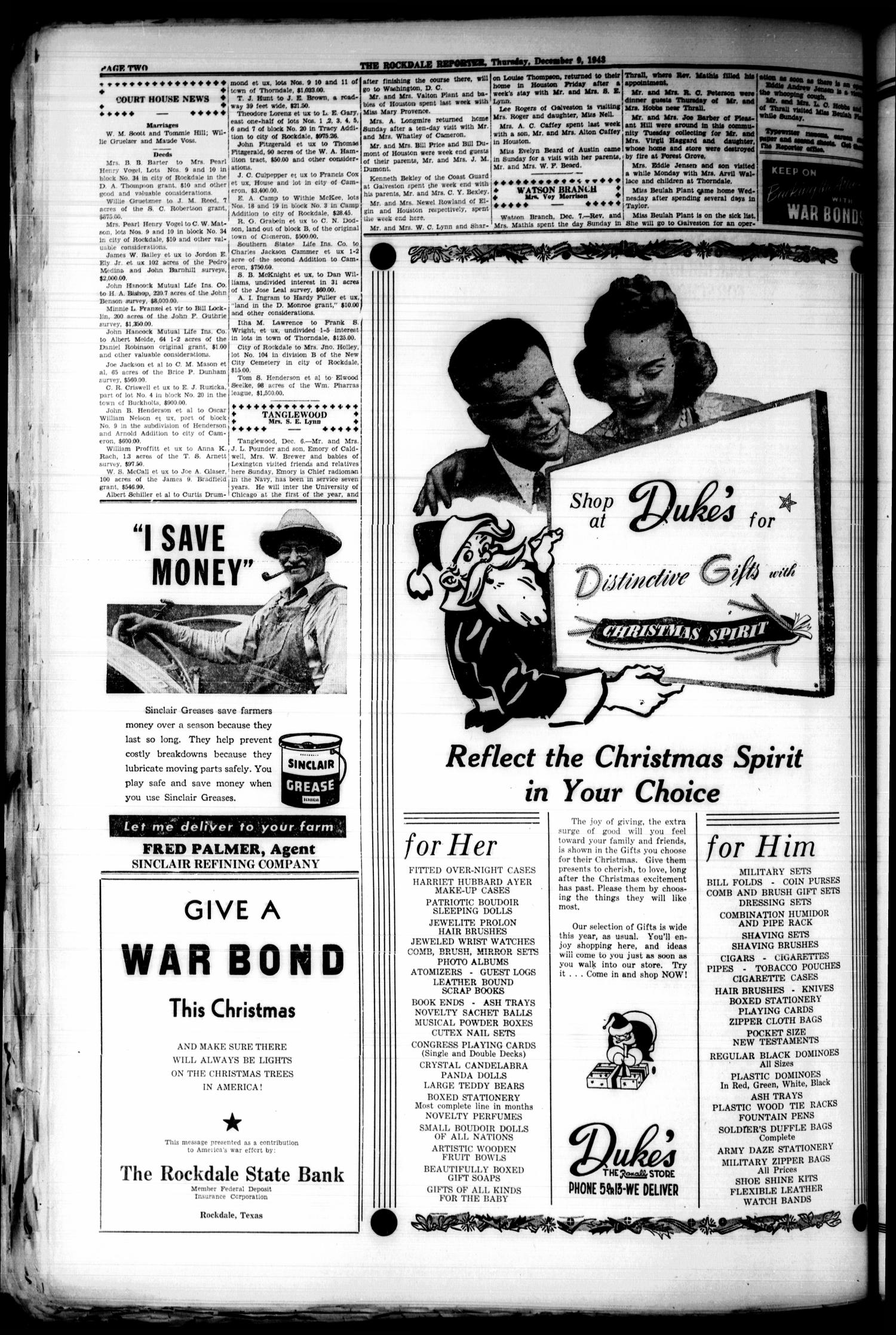 The Rockdale Reporter and Messenger (Rockdale, Tex.), Vol. 71, No. 45, Ed. 1 Thursday, December 9, 1943
                                                
                                                    [Sequence #]: 2 of 10
                                                