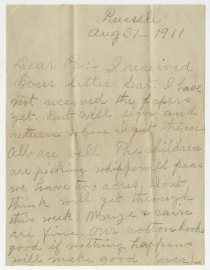 Primary view of [Letter to Dr. Joseph Pound from Mittie Pound Sorrell, August 31, 1911]