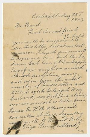 Primary view of object titled '[Letter from Amalia Riley to Dr. Joseph Pound, August 28, 1903]'.