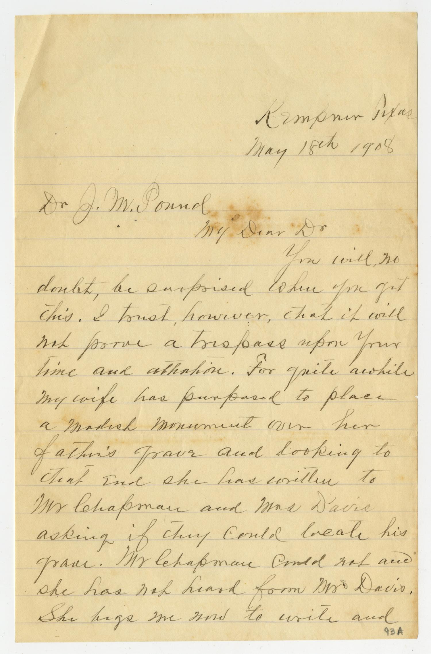 [Letter from Dr. J. W. Harrison to Dr. Joseph Pound, May 18, 1908]
                                                
                                                    [Sequence #]: 1 of 8
                                                