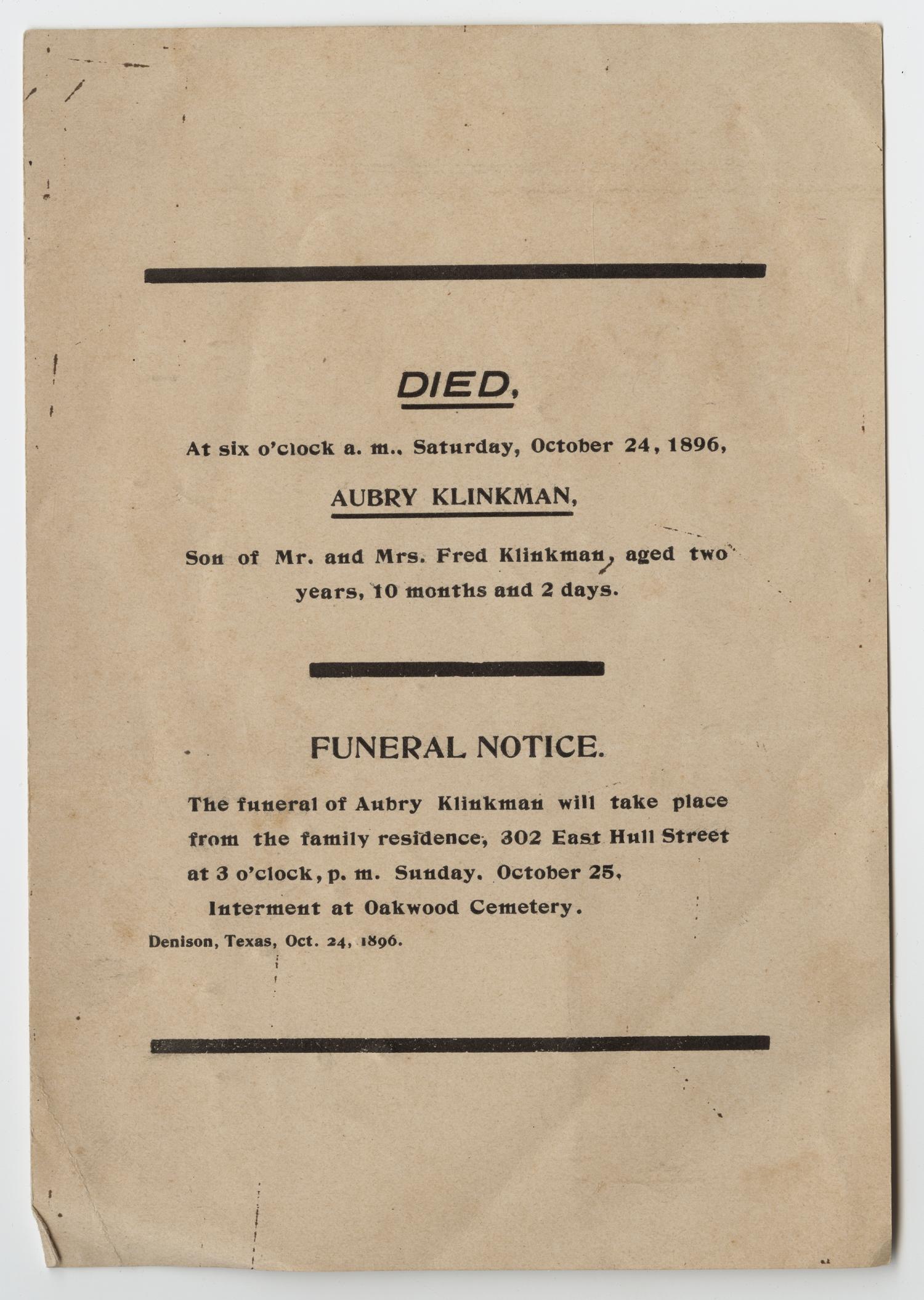 Funeral Notice For Aubry Klinkman The Portal To Texas History