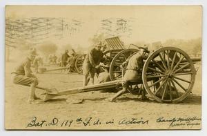 Primary view of object titled '[Postcard of 119th Field Armory Soldiers Shooting Cannon]'.