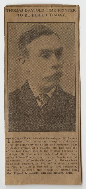 Primary view of object titled '[Newspaper Clipping: Thomas Day, Old-Time Printer, To Be Buried To-Day]'.