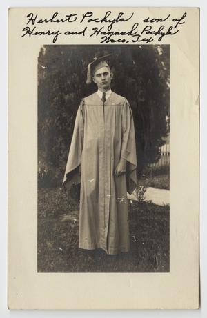 [Postcard of Herbert Pochyla in Cap and Gown]