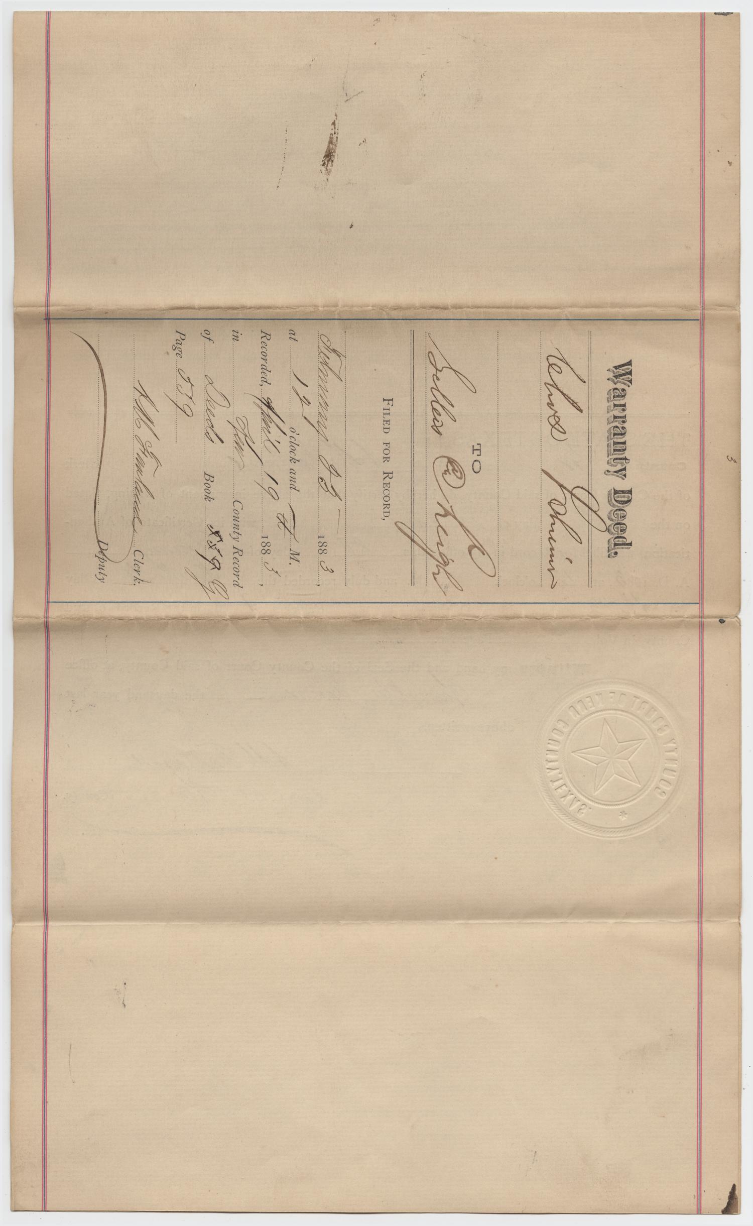 [Warranty Deed from Charles Schreiner to James Sellers and George L. Leigh, February 23, 1883]
                                                
                                                    [Sequence #]: 5 of 5
                                                