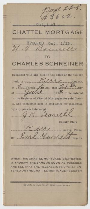 Primary view of object titled '[Chattel Mortgage Agreement Between W. H. Bonnell and Charles Schreiner, June 26, 1913]'.
