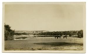 Primary view of object titled '[Photograph of Two Men on Horses Near Rio Grande River]'.