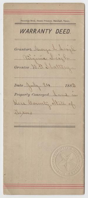 Primary view of object titled '[Warranty Deed Prepared for George and Virginia Leigh to D. P. Slottery, July 24, 1883]'.
