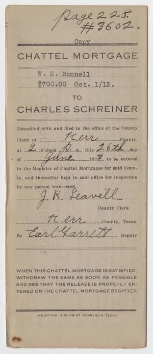 Primary view of object titled '[Copy of a Chattel Mortgage Agreement Between W. H. Bonnell and Charles Schreiner, June 26, 1913]'.