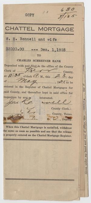 Primary view of object titled '[Copy of a Chattel Mortgage Agreement Between W. H. and Allie H. Bonnell and Charles Schreider Bank]'.