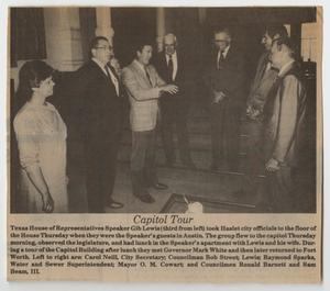 Primary view of object titled '[Newspaper Clipping Showing Haslet City Officials in Austin]'.