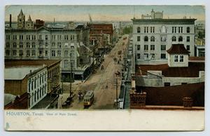 Primary view of object titled '[Postcard with a View of Main Street, Houston, Texas]'.
