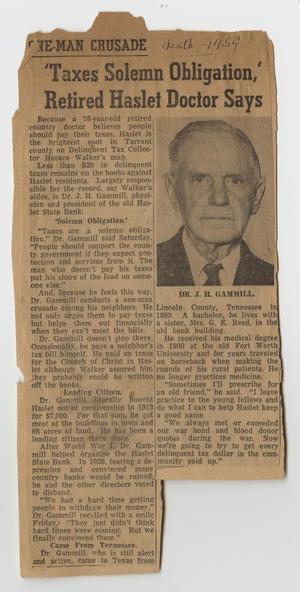 [Newspaper Article Describing Dr. J. H. Gammill's Tax Aid]
