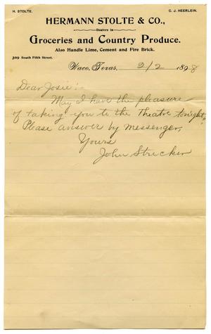 [Letter from John K. Strecker, Jr. to Josephine Bahl, February 2, 1898]