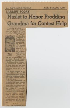 Primary view of object titled '[Newspaper Clipping Entitled "Haslet to Honor Prodding Grandma for Contest Help"]'.