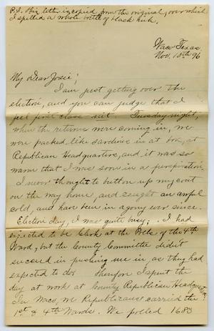 Primary view of object titled '[Letter from John K. Streger, Jr. to Josephine Bahl, November 10, 1896]'.