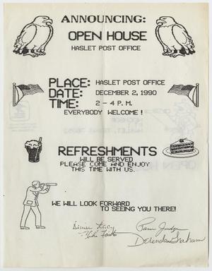 Primary view of object titled '[Flyer Announcing an Open House at the Haslet Post Office]'.