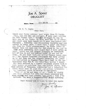 [Letter from Joe A. Speer to James W. Hunt]