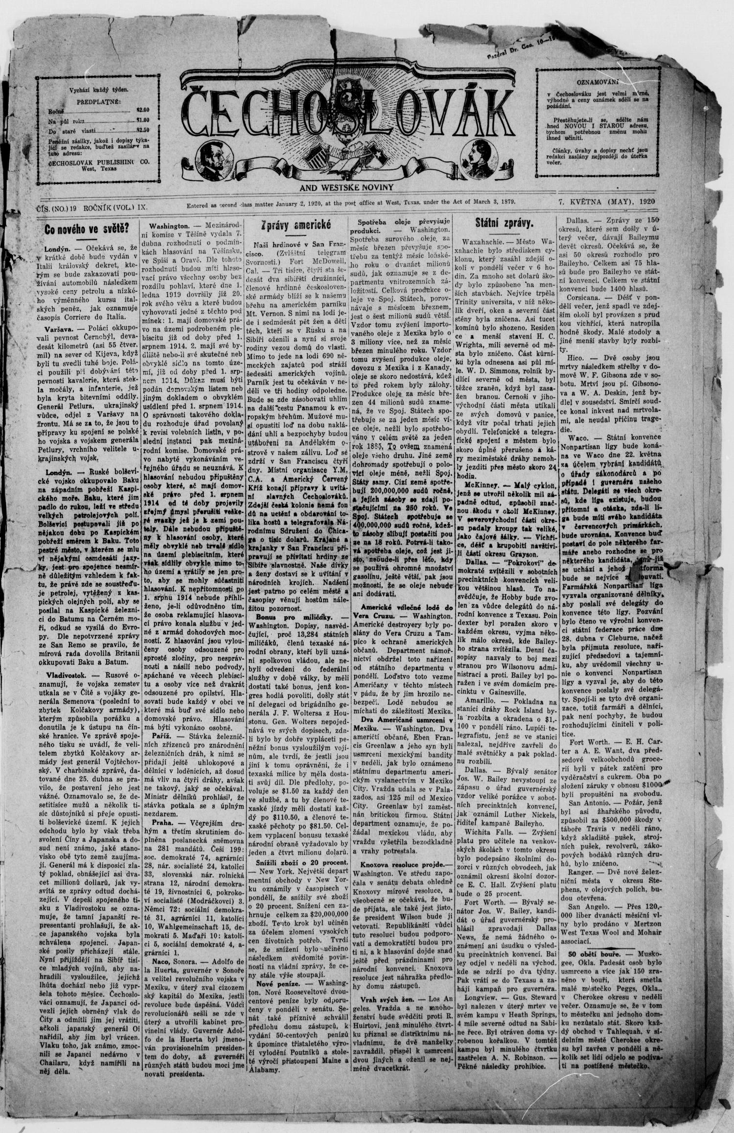 Čechoslovák and Westske Noviny (West, Tex.), Vol. 9, No. 19, Ed. 1 Friday, May 7, 1920
                                                
                                                    [Sequence #]: 1 of 12
                                                