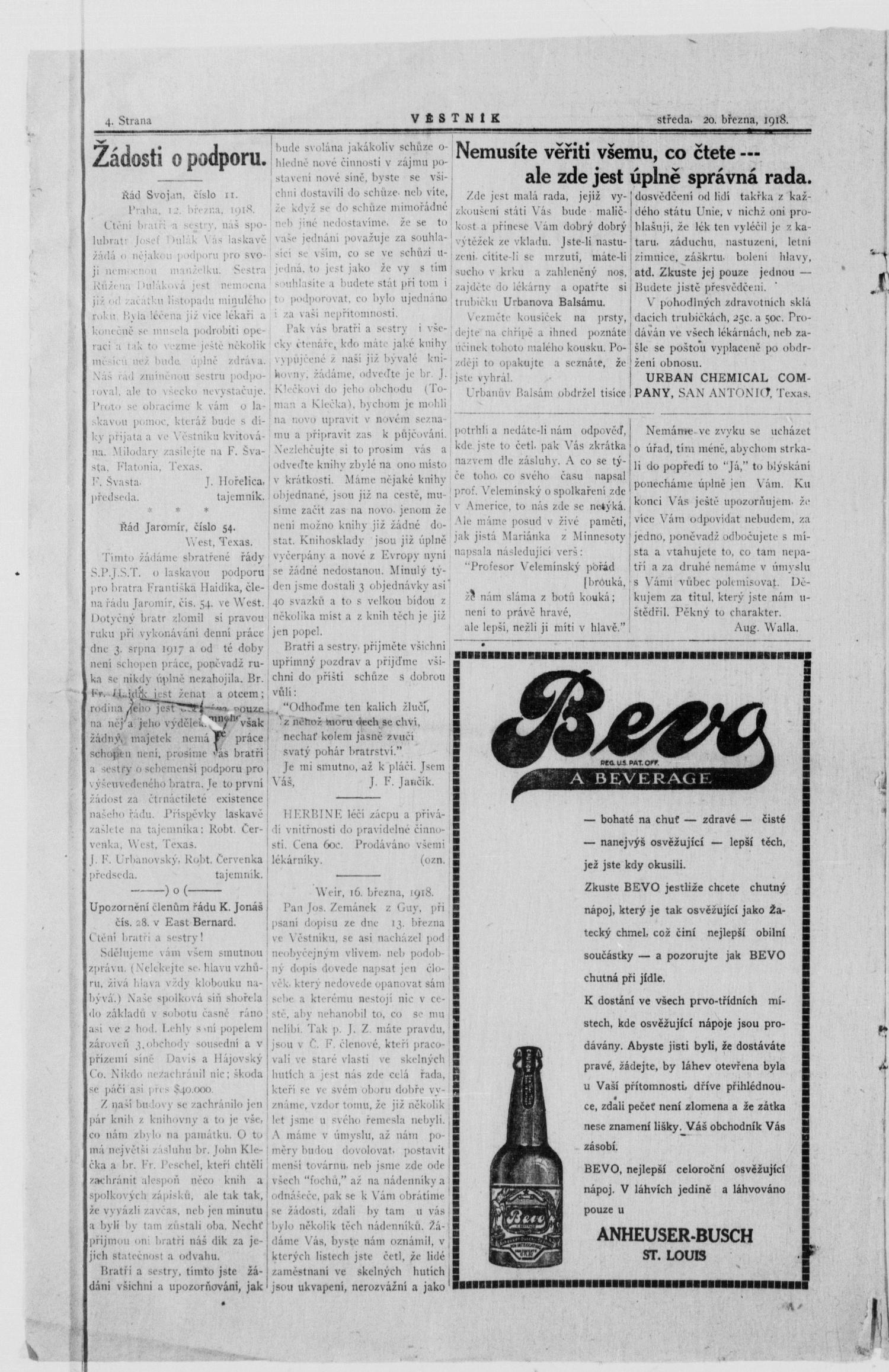 Věstník (Fayetteville, Tex.), Vol. 6, No. 18, Ed. 1 Wednesday, March 20, 1918
                                                
                                                    [Sequence #]: 4 of 16
                                                