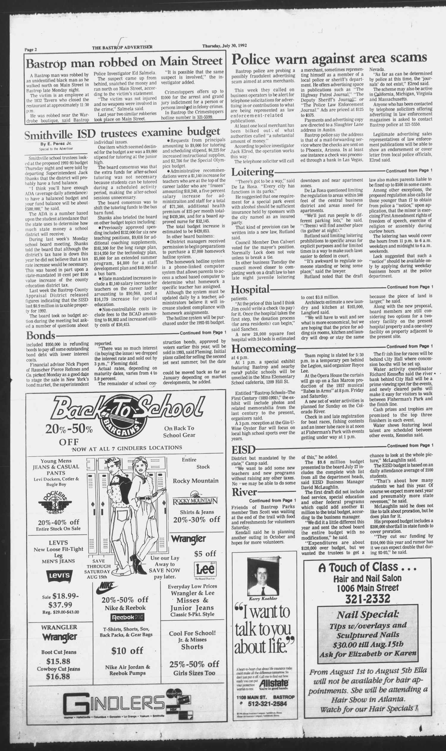 The Bastrop Advertiser (Bastrop, Tex.), Vol. 139, No. 43, Ed. 1 Thursday, July 30, 1992
                                                
                                                    [Sequence #]: 2 of 48
                                                