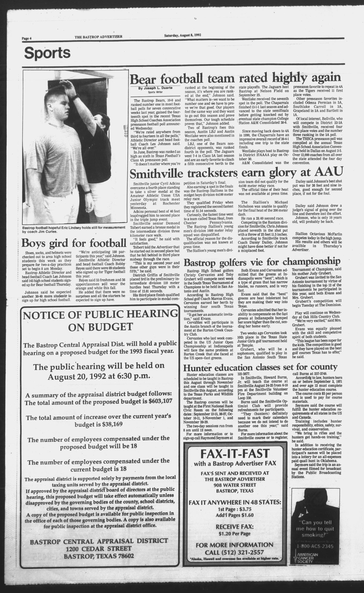 The Bastrop Advertiser (Bastrop, Tex.), Vol. 139, No. 46, Ed. 1 Saturday, August 8, 1992
                                                
                                                    [Sequence #]: 4 of 10
                                                