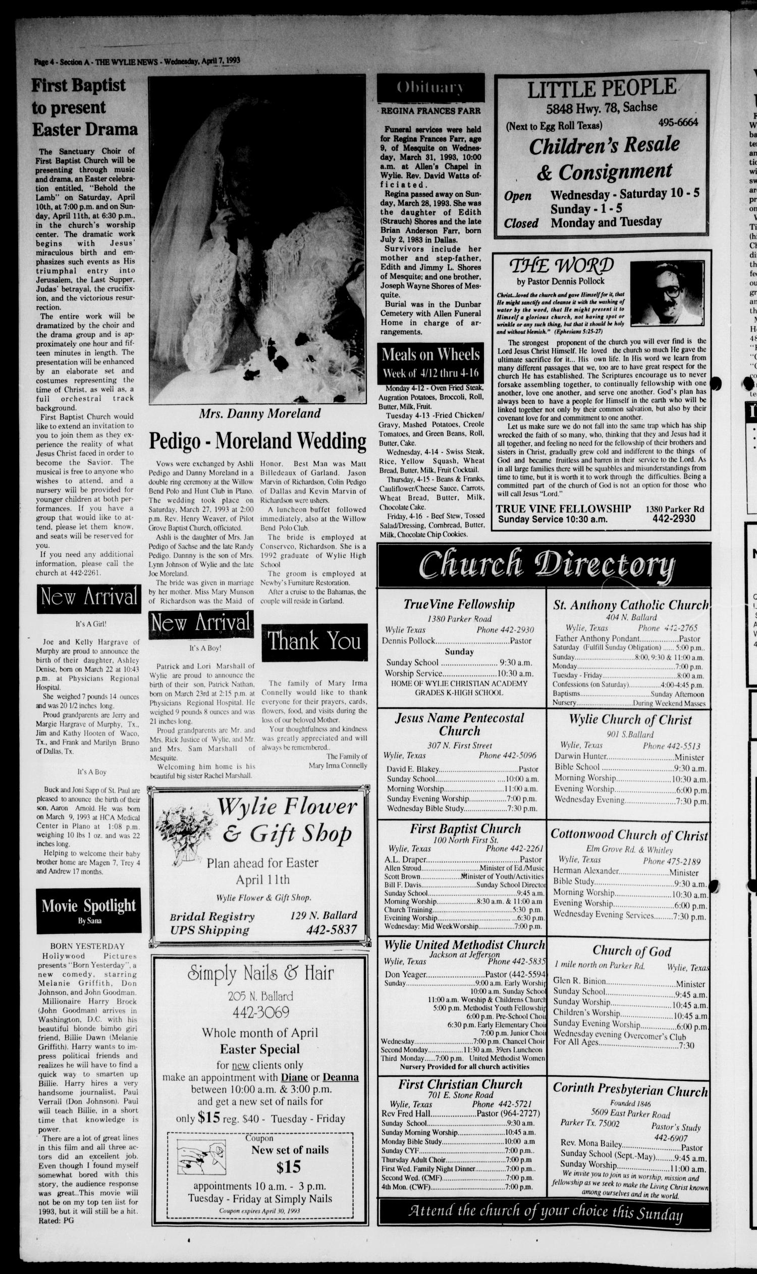 The Wylie News (Wylie, Tex.), Vol. 46, No. 43, Ed. 1 Wednesday, April 7, 1993
                                                
                                                    [Sequence #]: 4 of 20
                                                