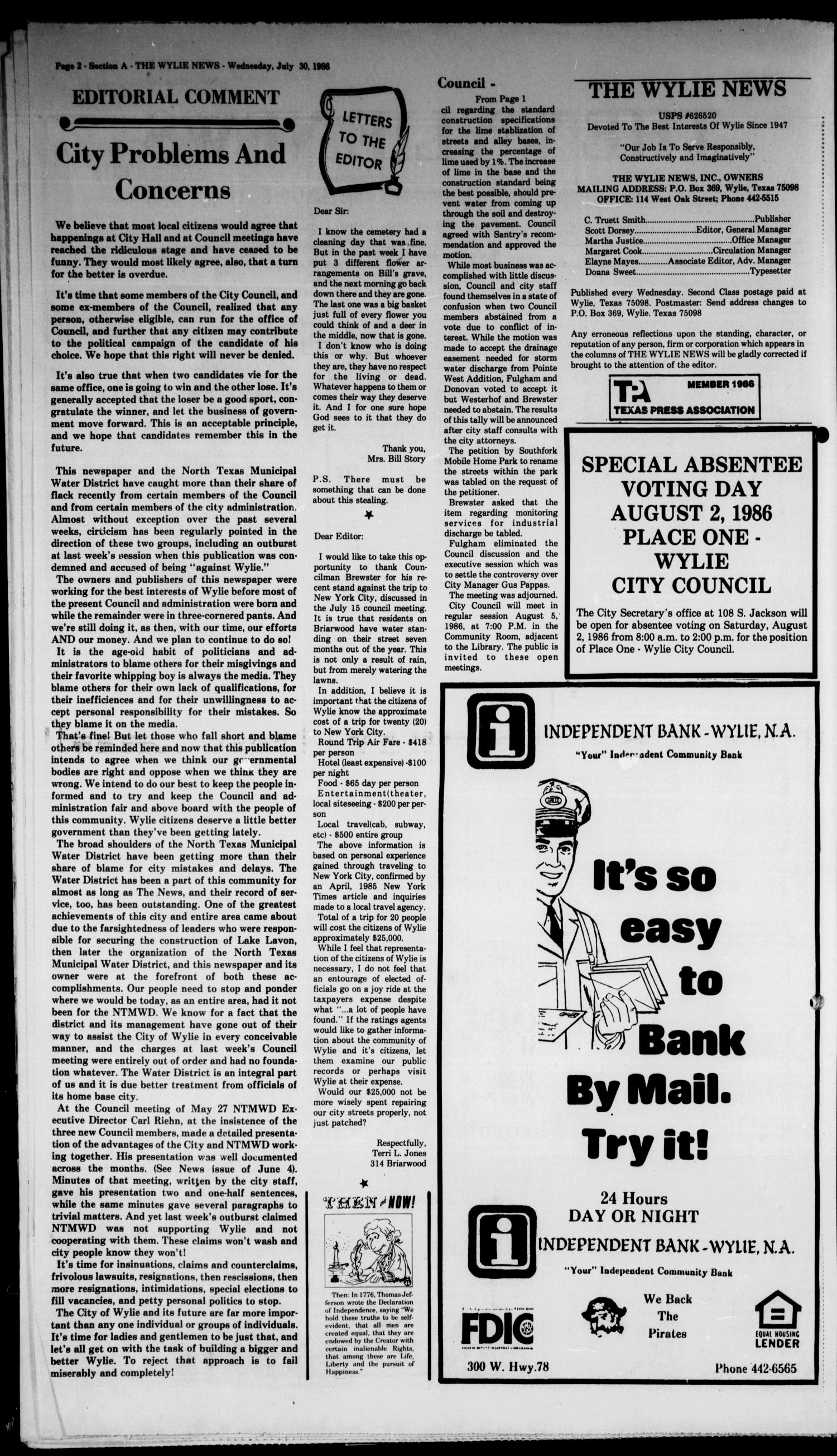The Wylie News (Wylie, Tex.), Vol. 39, No. 7, Ed. 1 Wednesday, July 30, 1986
                                                
                                                    [Sequence #]: 2 of 22
                                                