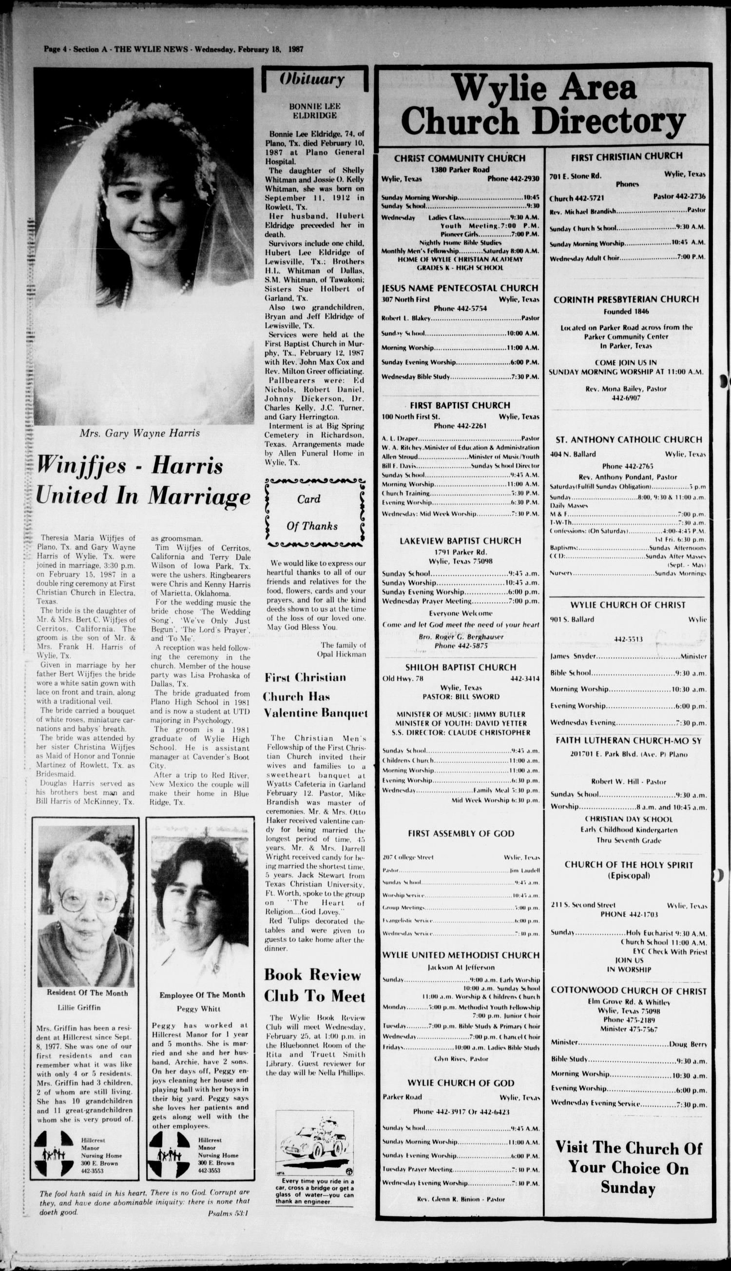The Wylie News (Wylie, Tex.), Vol. 39, No. 36, Ed. 1 Wednesday, February 18, 1987
                                                
                                                    [Sequence #]: 4 of 24
                                                