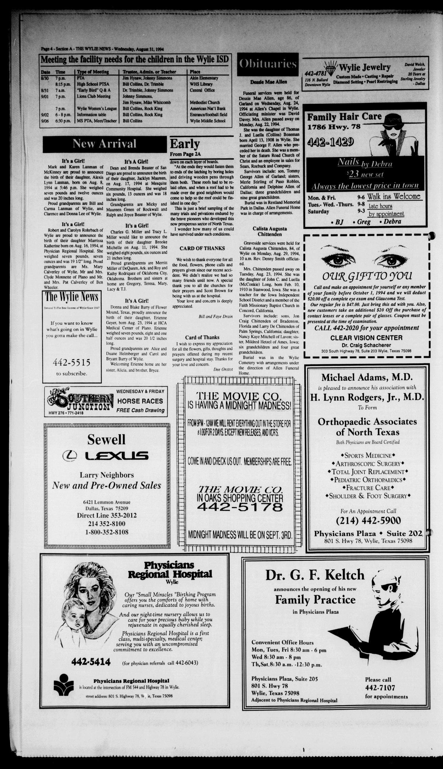 The Wylie News (Wylie, Tex.), Vol. 48, No. 13, Ed. 1 Wednesday, August 31, 1994
                                                
                                                    [Sequence #]: 4 of 64
                                                