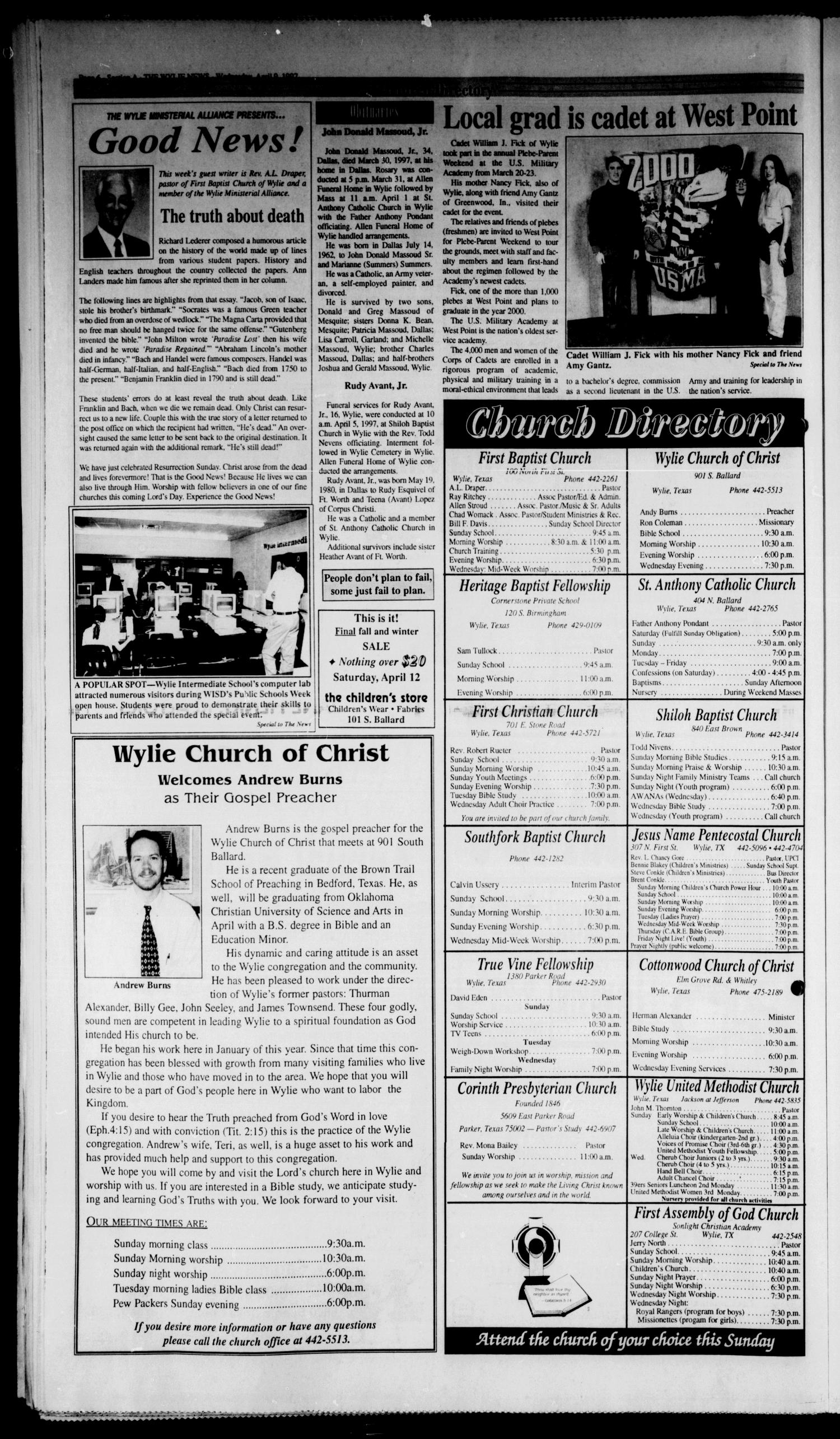 The Wylie News (Wylie, Tex.), Vol. 50, No. 45, Ed. 1 Wednesday, April 9, 1997
                                                
                                                    [Sequence #]: 6 of 24
                                                