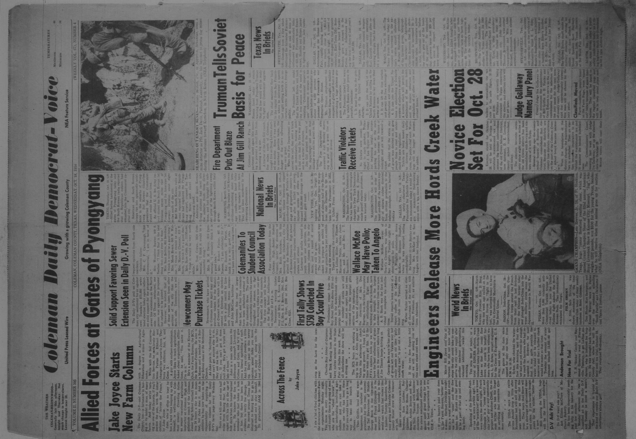 Coleman Daily Democrat-Voice (Coleman, Tex.), Vol. 2, No. 305, Ed. 1 Wednesday, October 18, 1950
                                                
                                                    [Sequence #]: 1 of 6
                                                