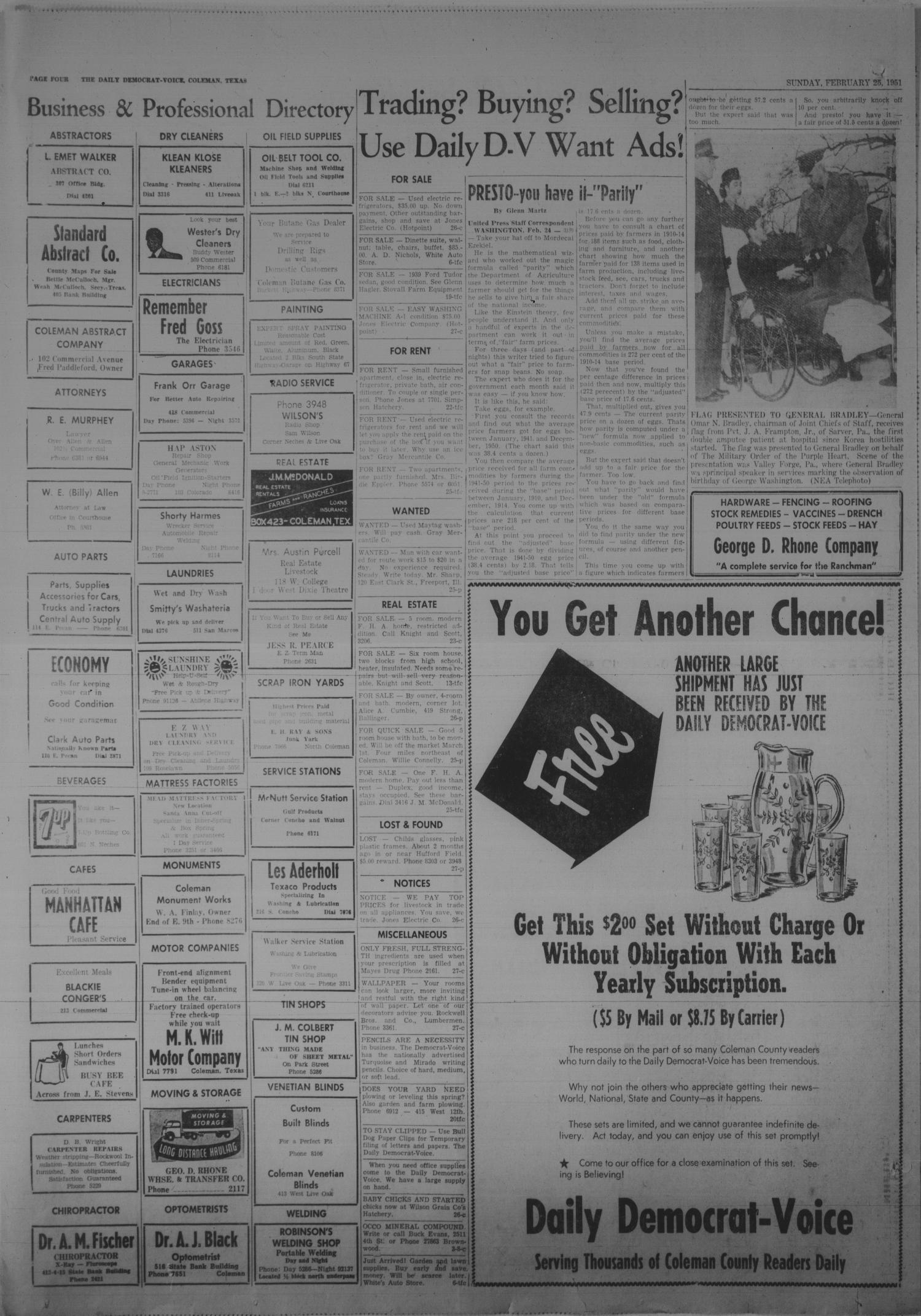 Coleman Daily Democrat-Voice (Coleman, Tex.), Vol. 3, No. 47, Ed. 1 Sunday, February 25, 1951
                                                
                                                    [Sequence #]: 4 of 6
                                                