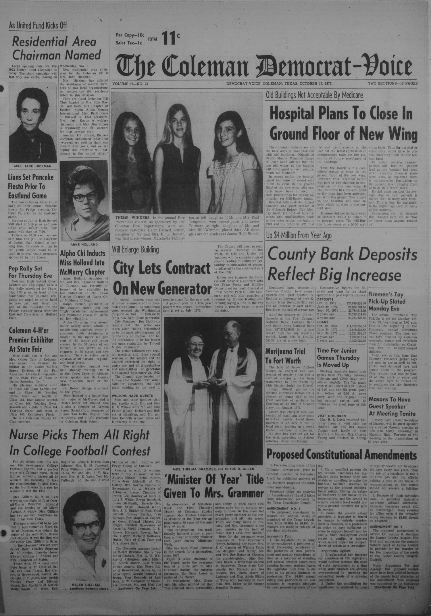 The Coleman Democrat-Voice (Coleman, Tex.), Vol. 92, No. 21, Ed. 1 Tuesday, October 17, 1972
                                                
                                                    [Sequence #]: 1 of 10
                                                