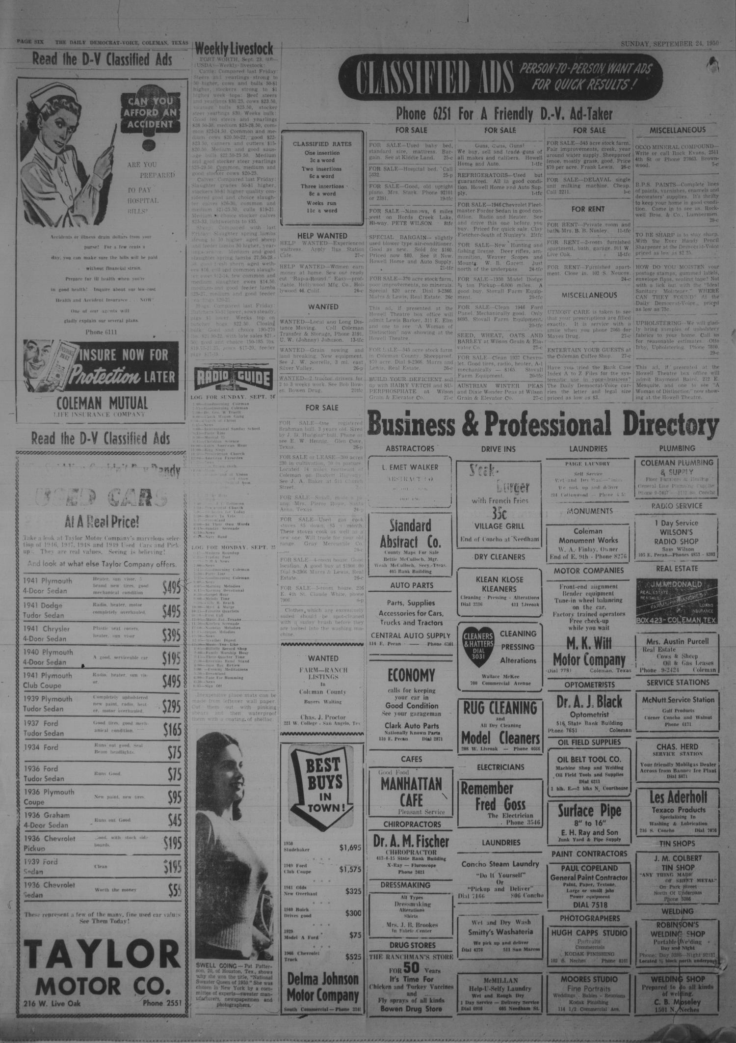 Coleman Daily Democrat-Voice (Coleman, Tex.), Vol. 2, No. 284, Ed. 1 Sunday, September 24, 1950
                                                
                                                    [Sequence #]: 6 of 8
                                                