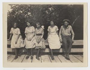 Primary view of object titled '[Photograph of Five Kids Sitting on a Bridge at Rowlett Creek]'.