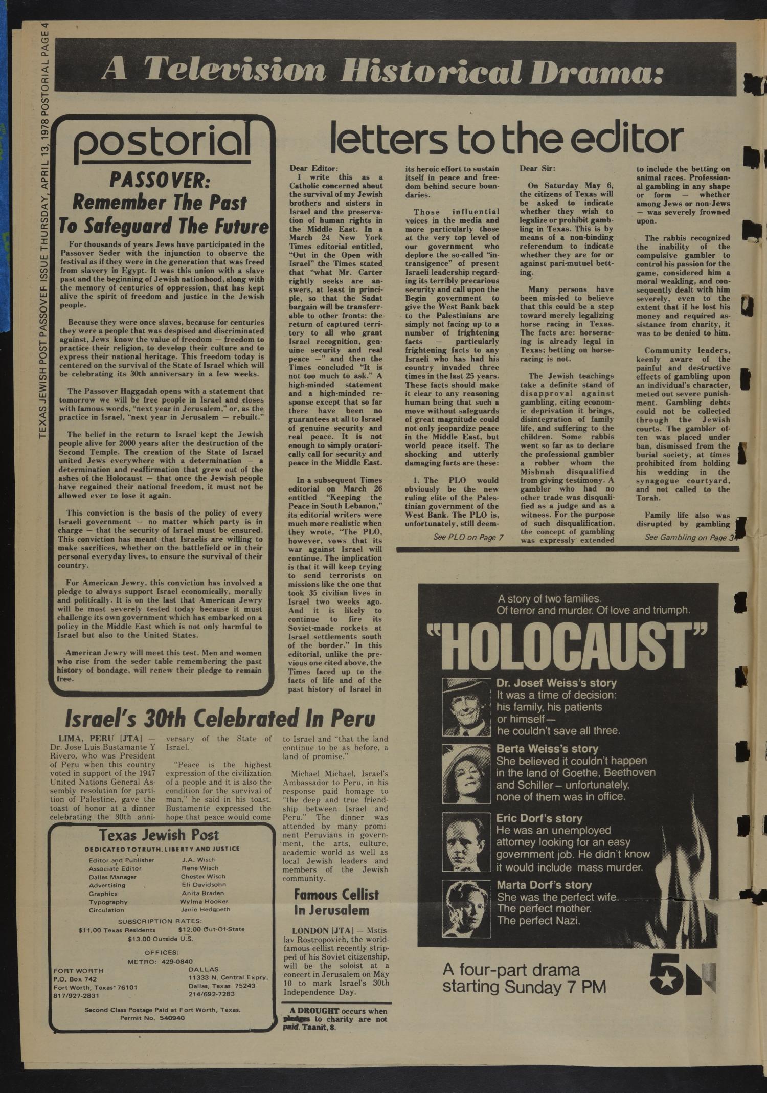 Texas Jewish Post (Fort Worth, Tex.), Vol. 32, No. 15, Ed. 1 Thursday, April 13, 1978
                                                
                                                    [Sequence #]: 4 of 54
                                                