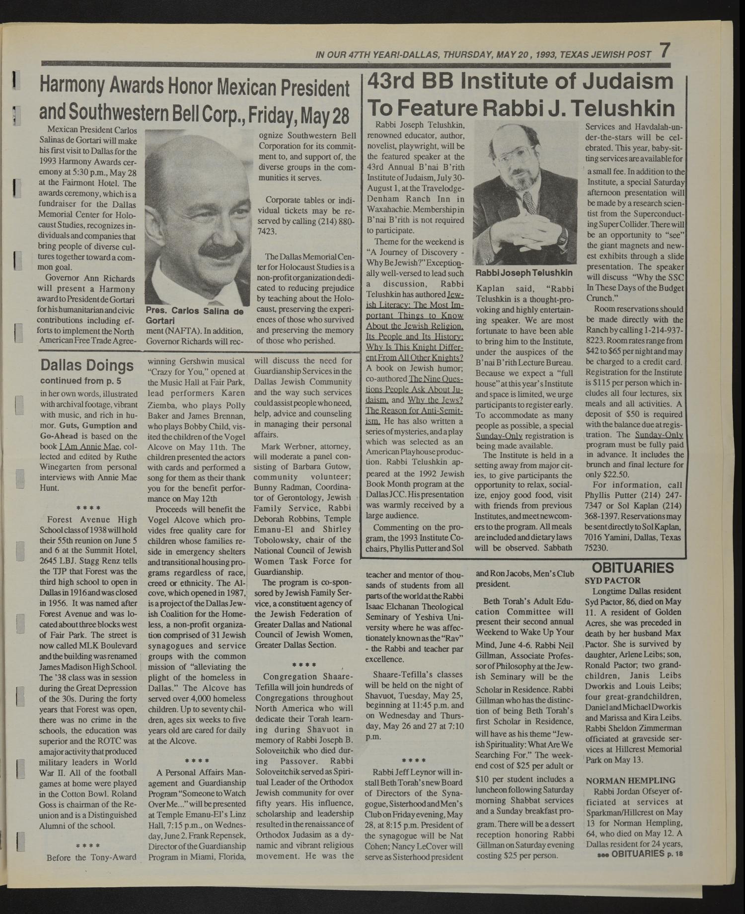 Texas Jewish Post (Fort Worth, Tex.), Vol. 47, No. 20, Ed. 1 Thursday, May 20, 1993
                                                
                                                    [Sequence #]: 7 of 24
                                                