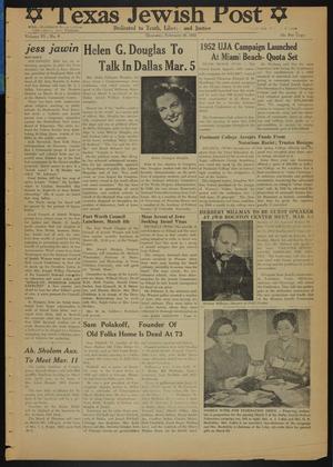 Primary view of object titled 'Texas Jewish Post (Fort Worth, Tex.), Vol. 6, No. 9, Ed. 1 Thursday, February 28, 1952'.