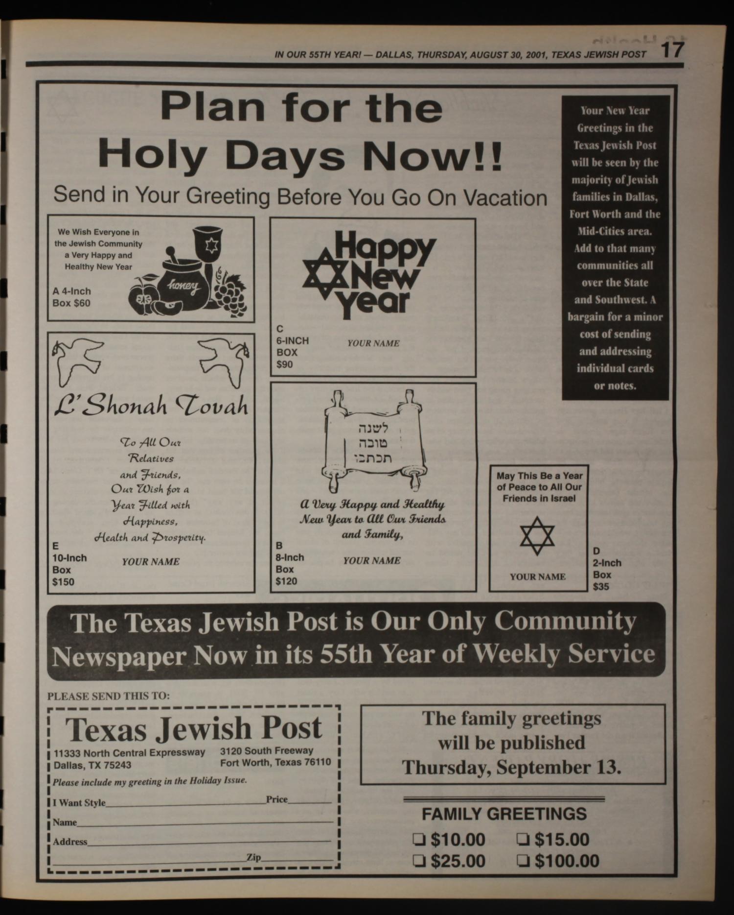Texas Jewish Post (Fort Worth, Tex.), Vol. 55, No. 35, Ed. 1 Thursday, August 30, 2001
                                                
                                                    [Sequence #]: 17 of 24
                                                