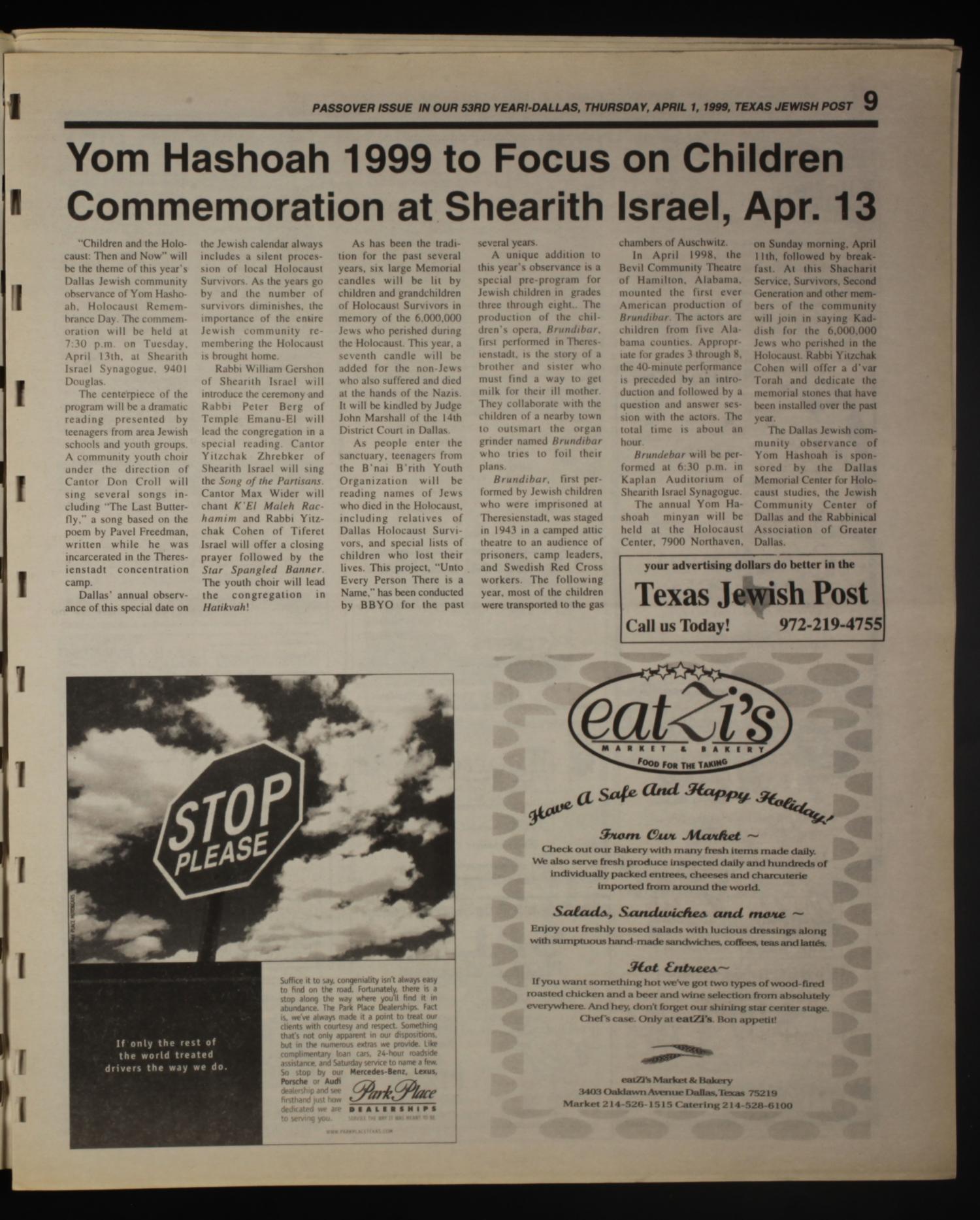 Texas Jewish Post (Fort Worth, Tex.), Vol. 53, No. 13, Ed. 1 Thursday, April 1, 1999
                                                
                                                    [Sequence #]: 9 of 28
                                                