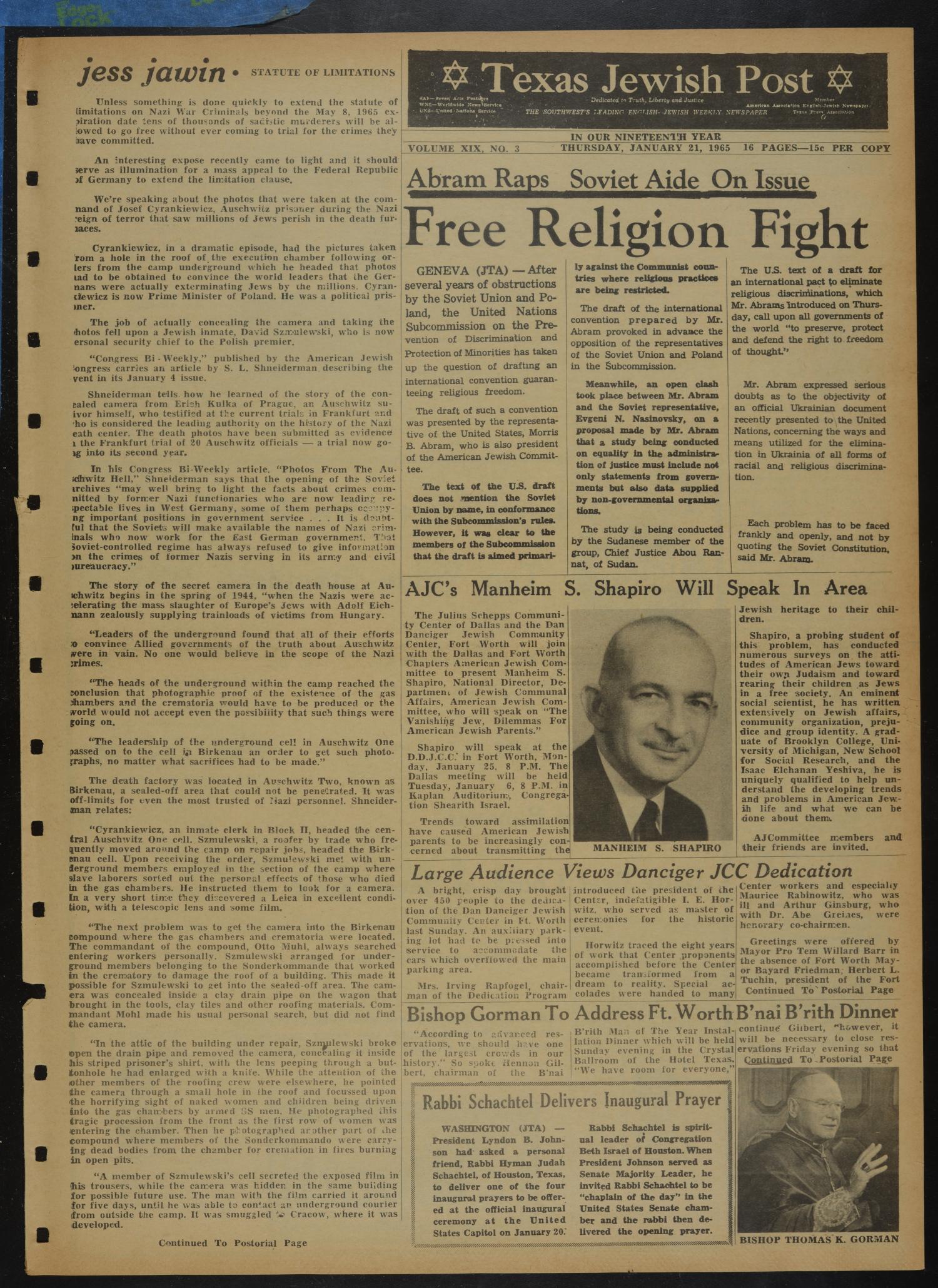 Texas Jewish Post (Fort Worth, Tex.), Vol. 19, No. 3, Ed. 1 Thursday, January 21, 1965
                                                
                                                    [Sequence #]: 1 of 16
                                                