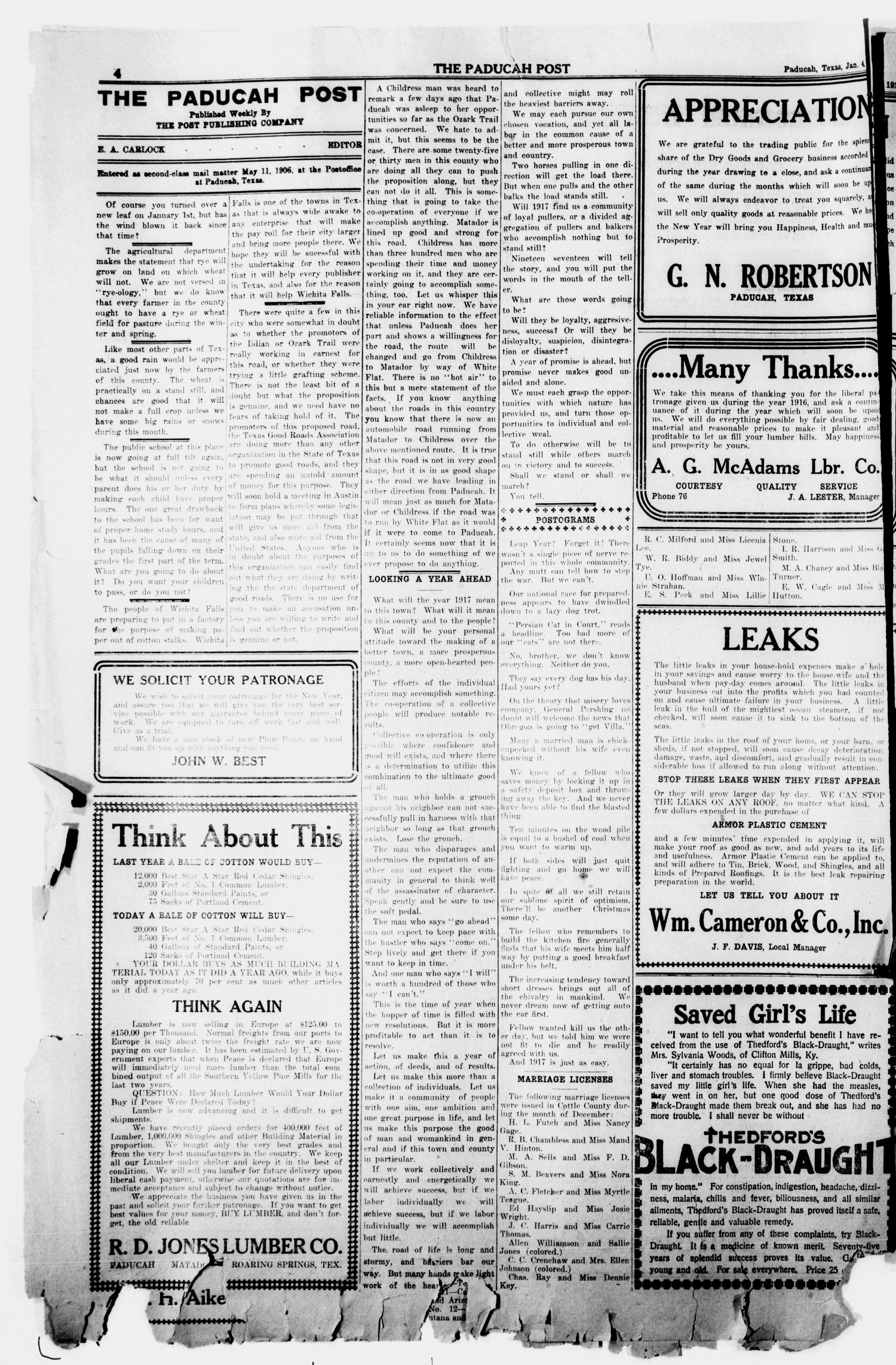The Paducah Post (Paducah, Tex.), Vol. 11, No. 34, Ed. 1 Thursday, January 4, 1917
                                                
                                                    [Sequence #]: 4 of 8
                                                