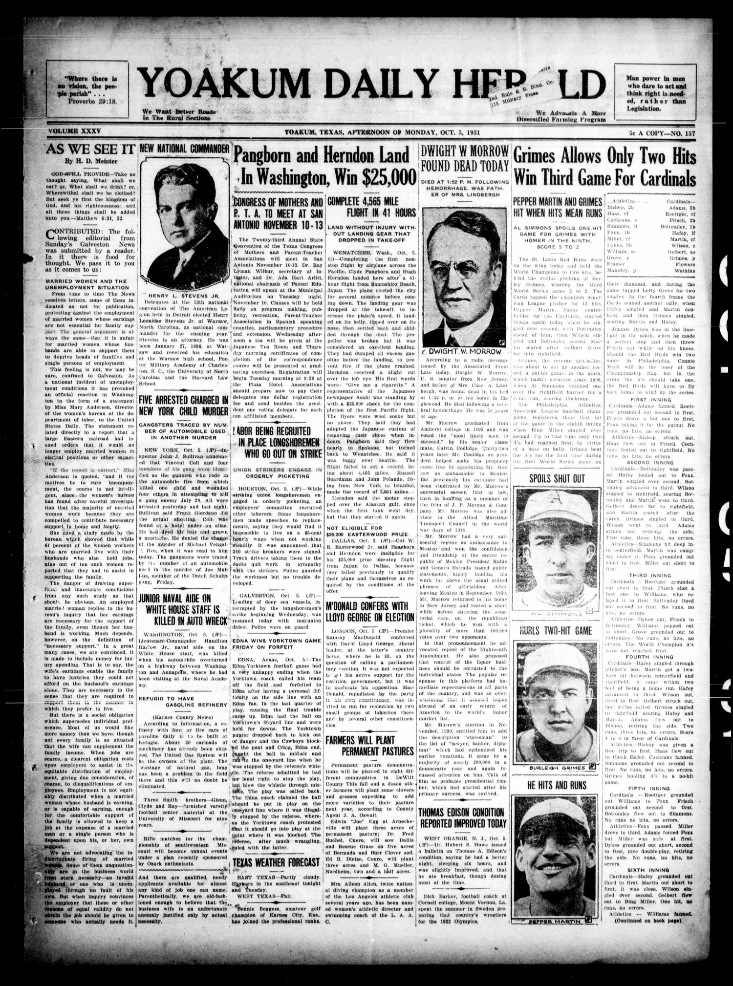 Yoakum Daily Herald (Yoakum, Tex.), Vol. 35, No. 157, Ed. 1 Monday, October 5, 1931
                                                
                                                    [Sequence #]: 1 of 4
                                                