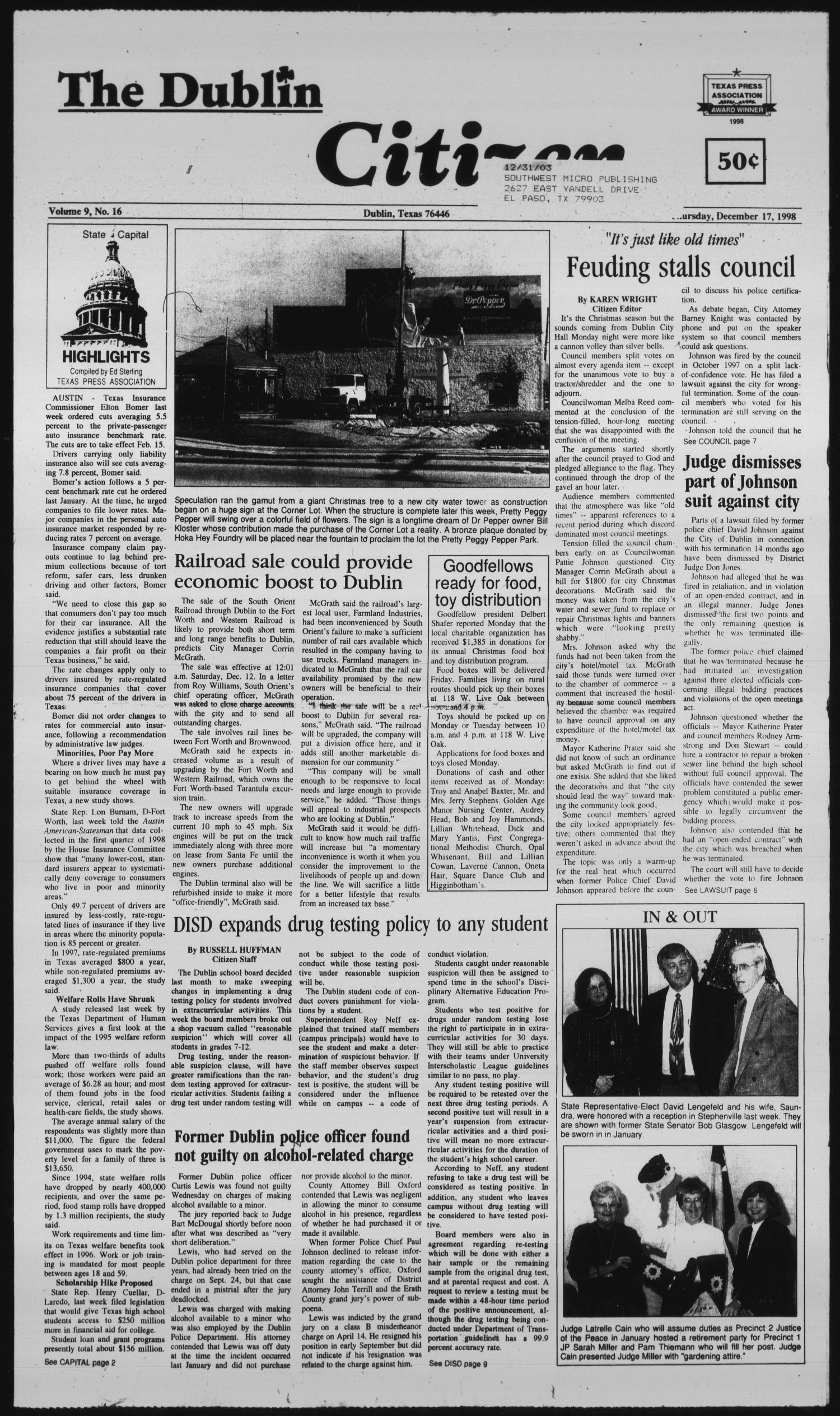 The Dublin Citizen (Dublin, Tex.), Vol. 9, No. 16, Ed. 1 Thursday, December  17, 1998 - The Portal to Texas History