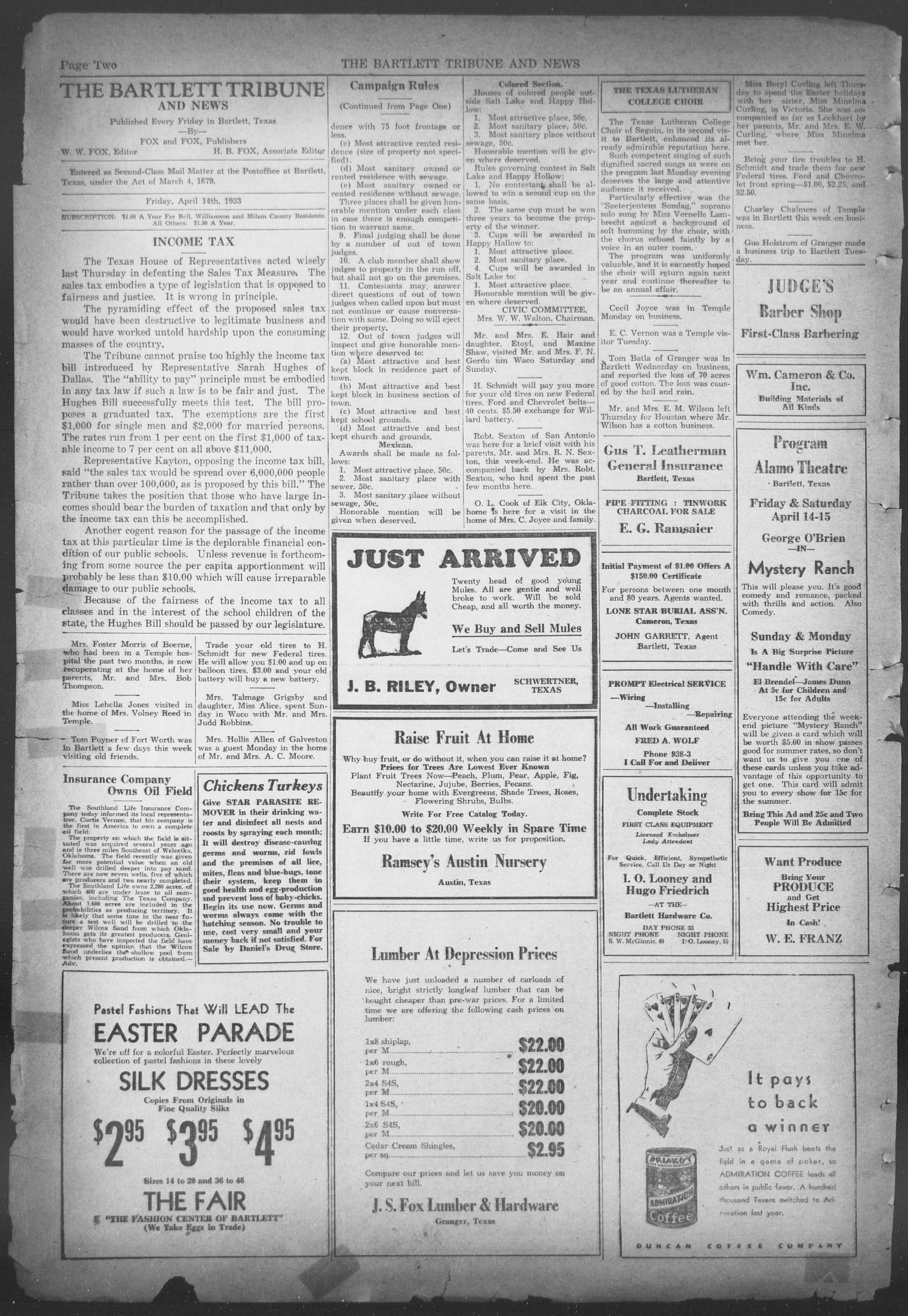 The Bartlett Tribune and News (Bartlett, Tex.), Vol. 46, No. 34, Ed. 1, Friday, April 14, 1933
                                                
                                                    [Sequence #]: 2 of 4
                                                