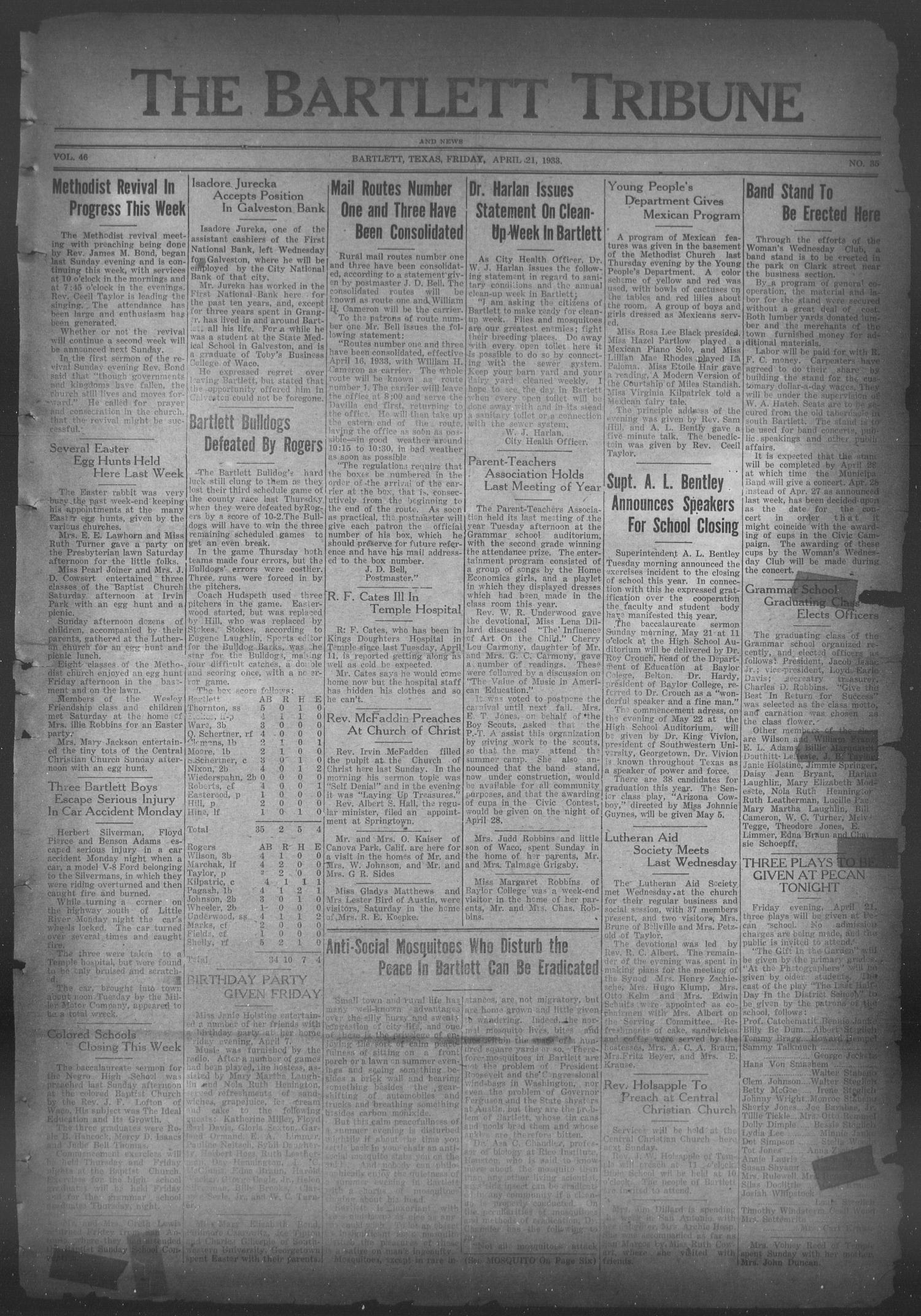 The Bartlett Tribune and News (Bartlett, Tex.), Vol. 46, No. 35, Ed. 1, Friday, April 21, 1933
                                                
                                                    [Sequence #]: 1 of 6
                                                