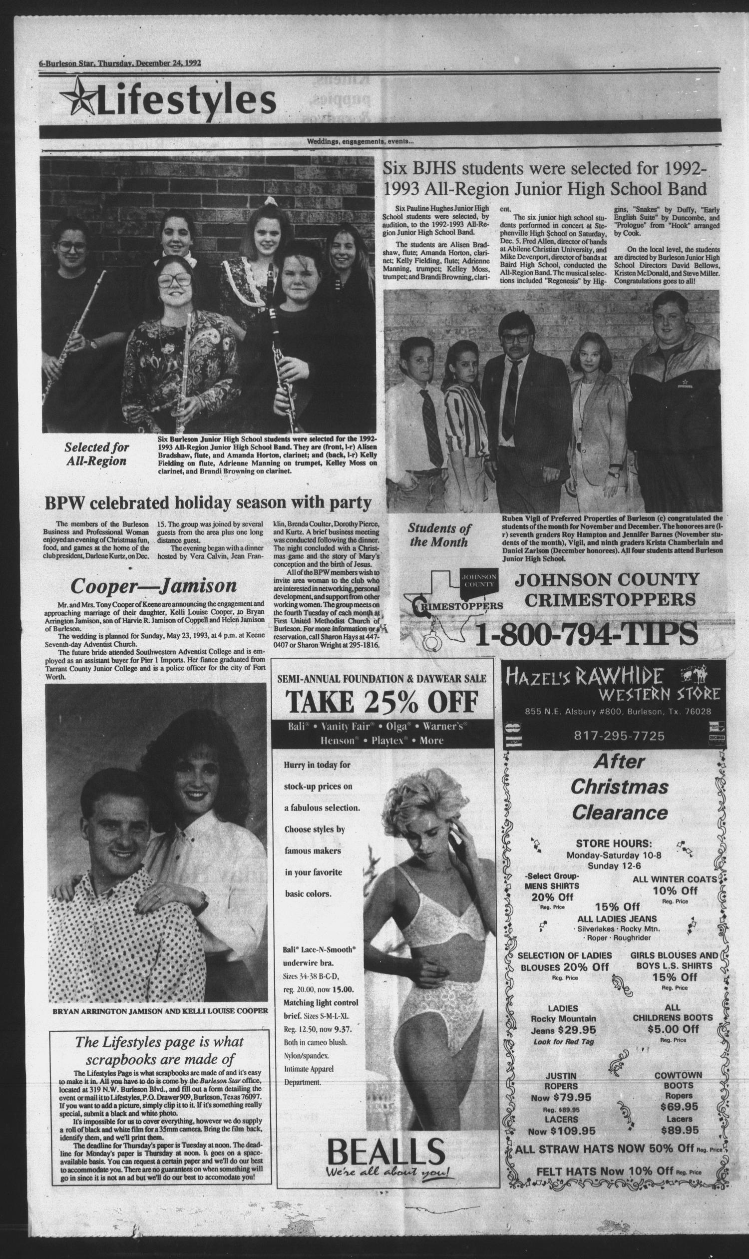 Burleson Star (Burleson, Tex.), Vol. 28, No. 21, Ed. 1 Thursday, December 24, 1992
                                                
                                                    [Sequence #]: 6 of 12
                                                