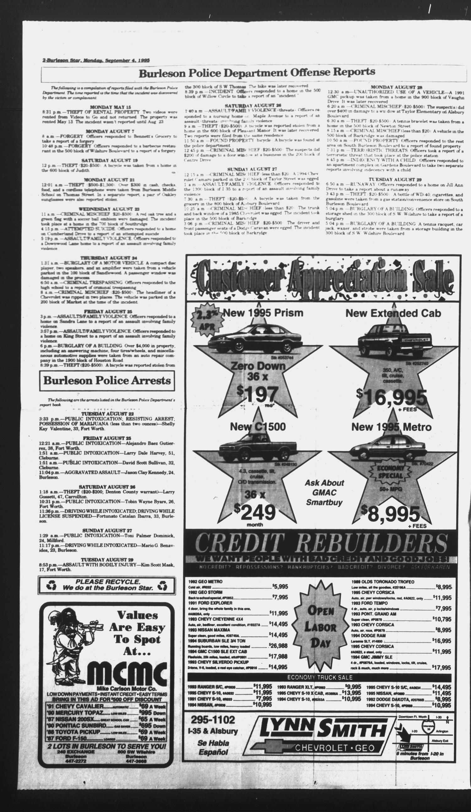 Burleson Star (Burleson, Tex.), Vol. 30, No. 94, Ed. 1 Monday, September 4, 1995
                                                
                                                    [Sequence #]: 2 of 10
                                                